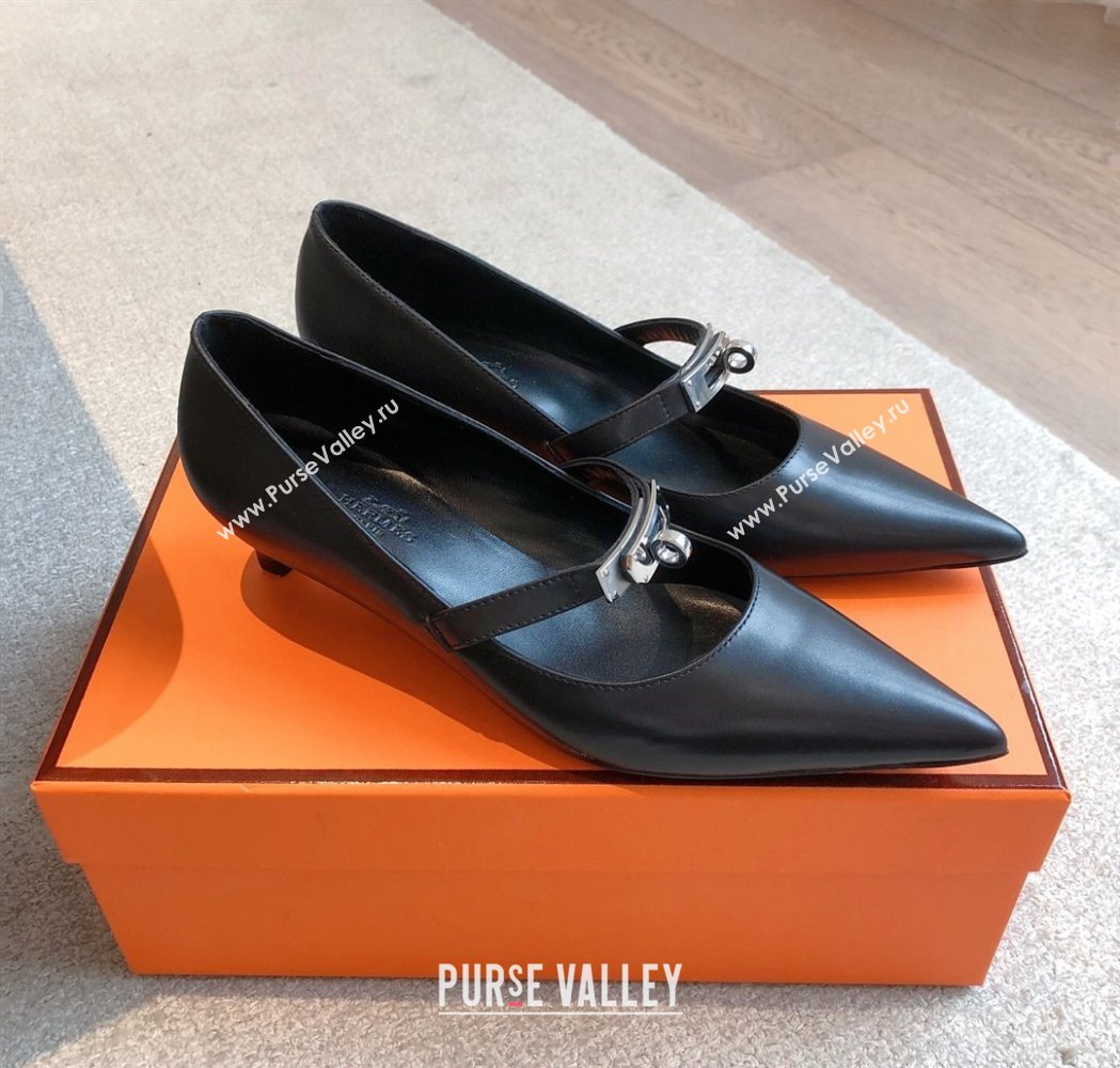 Hermes Kiara Mary Janes Pumps 4cm in Calfskin with Kelly buckle Black/Silver 2025 (XC-250226061)
