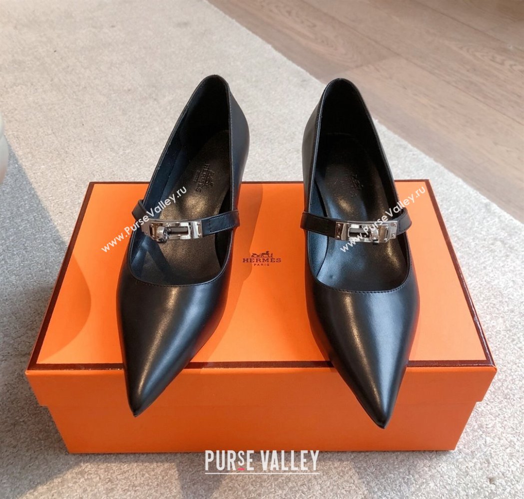 Hermes Kiara Mary Janes Pumps 4cm in Calfskin with Kelly buckle Black/Silver 2025 (XC-250226061)