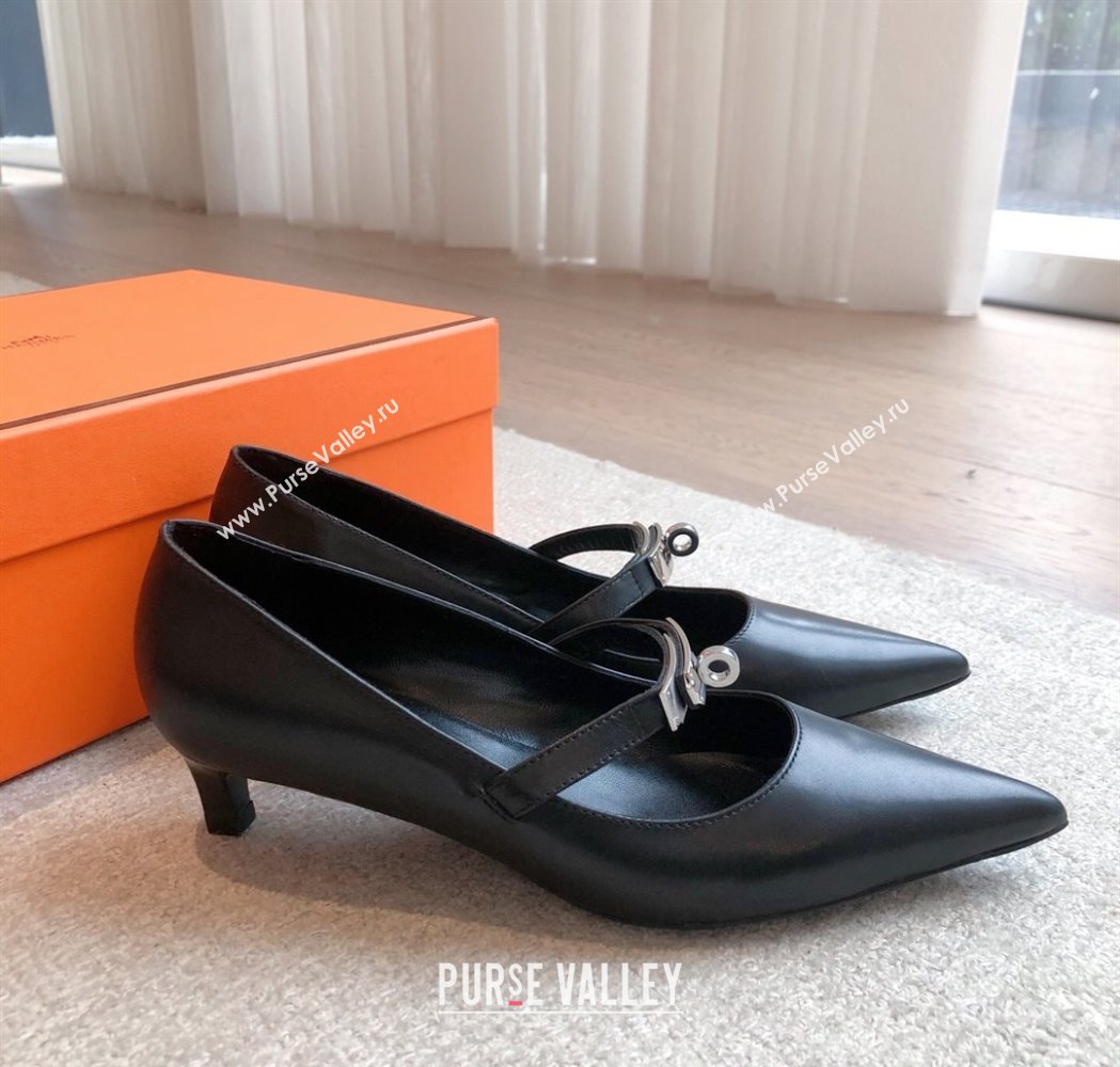 Hermes Kiara Mary Janes Pumps 4cm in Calfskin with Kelly buckle Black/Silver 2025 (XC-250226061)
