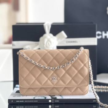 Chanel Grained Calfskin Classic Wallet on Chain WOC Beige/Silver 2024 Top Quality (MHE-24071611)