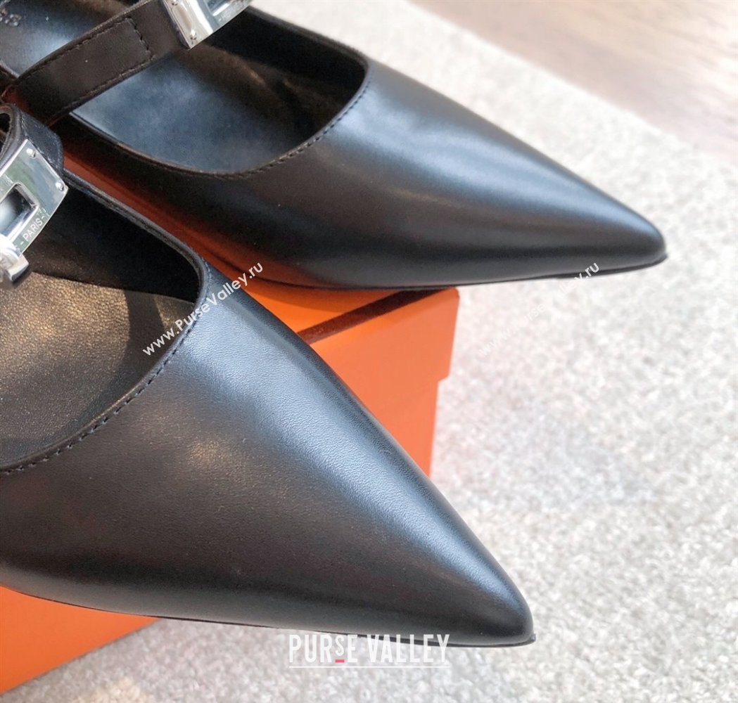Hermes Kiara Mary Janes Pumps 4cm in Calfskin with Kelly buckle Black/Silver 2025 (XC-250226061)