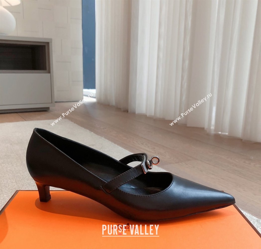 Hermes Kiara Mary Janes Pumps 4cm in Calfskin with Kelly buckle Black/Silver 2025 (XC-250226061)