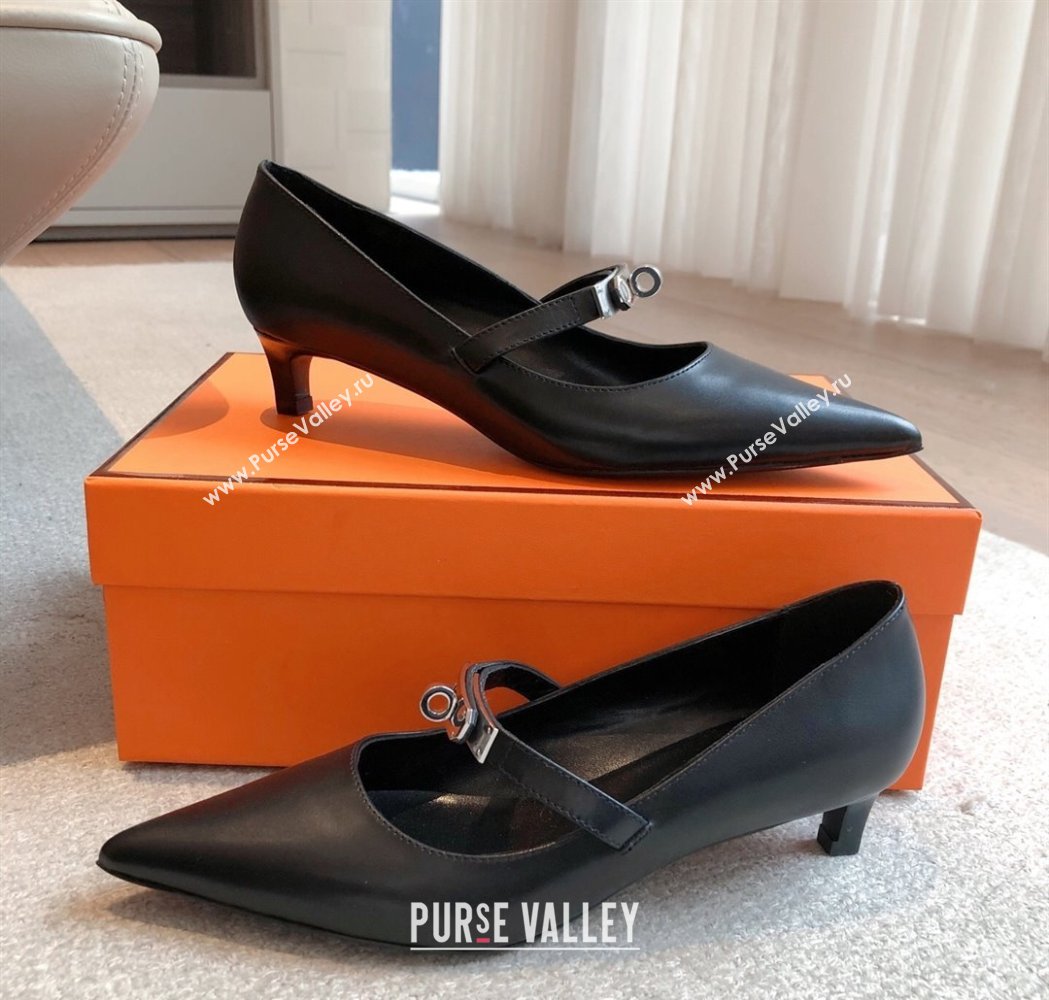 Hermes Kiara Mary Janes Pumps 4cm in Calfskin with Kelly buckle Black/Silver 2025 (XC-250226061)