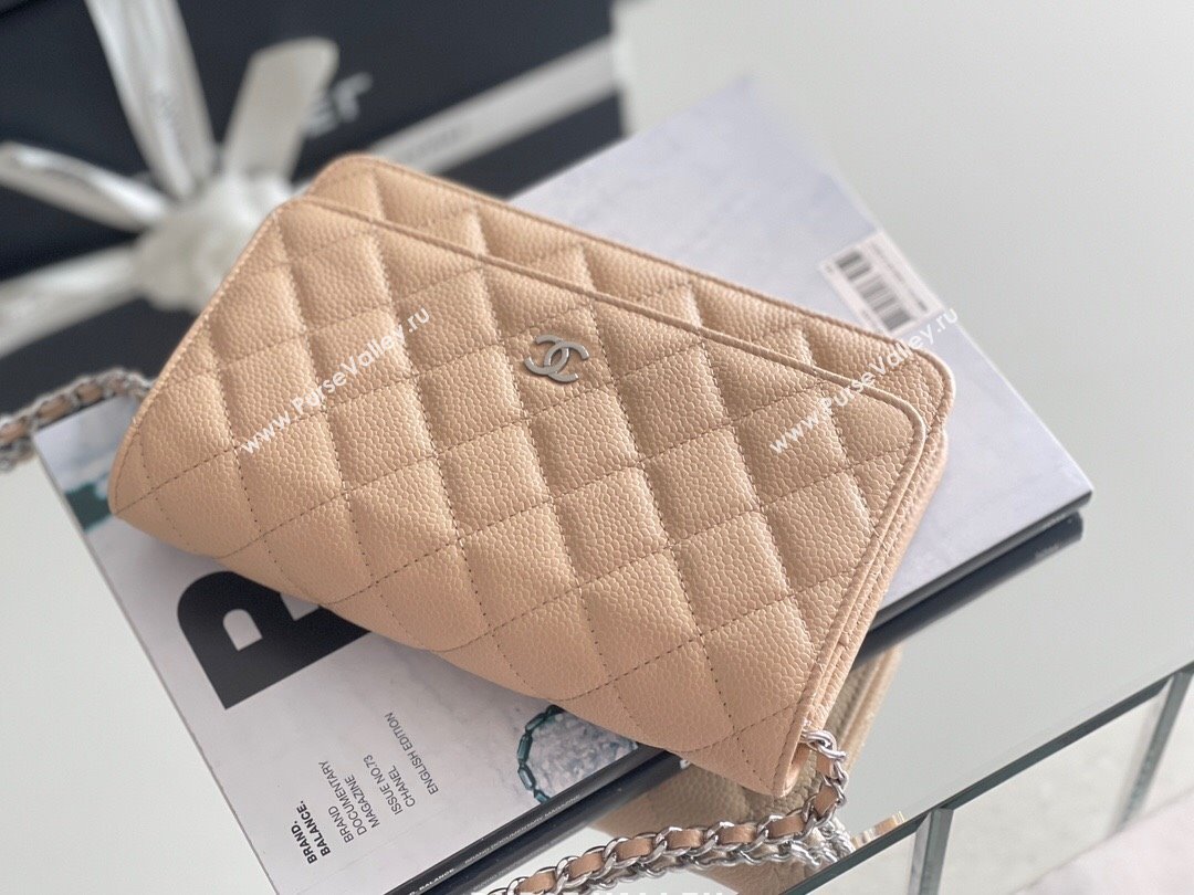 Chanel Grained Calfskin Classic Wallet on Chain WOC Beige/Silver 2024 Top Quality (MHE-24071611)