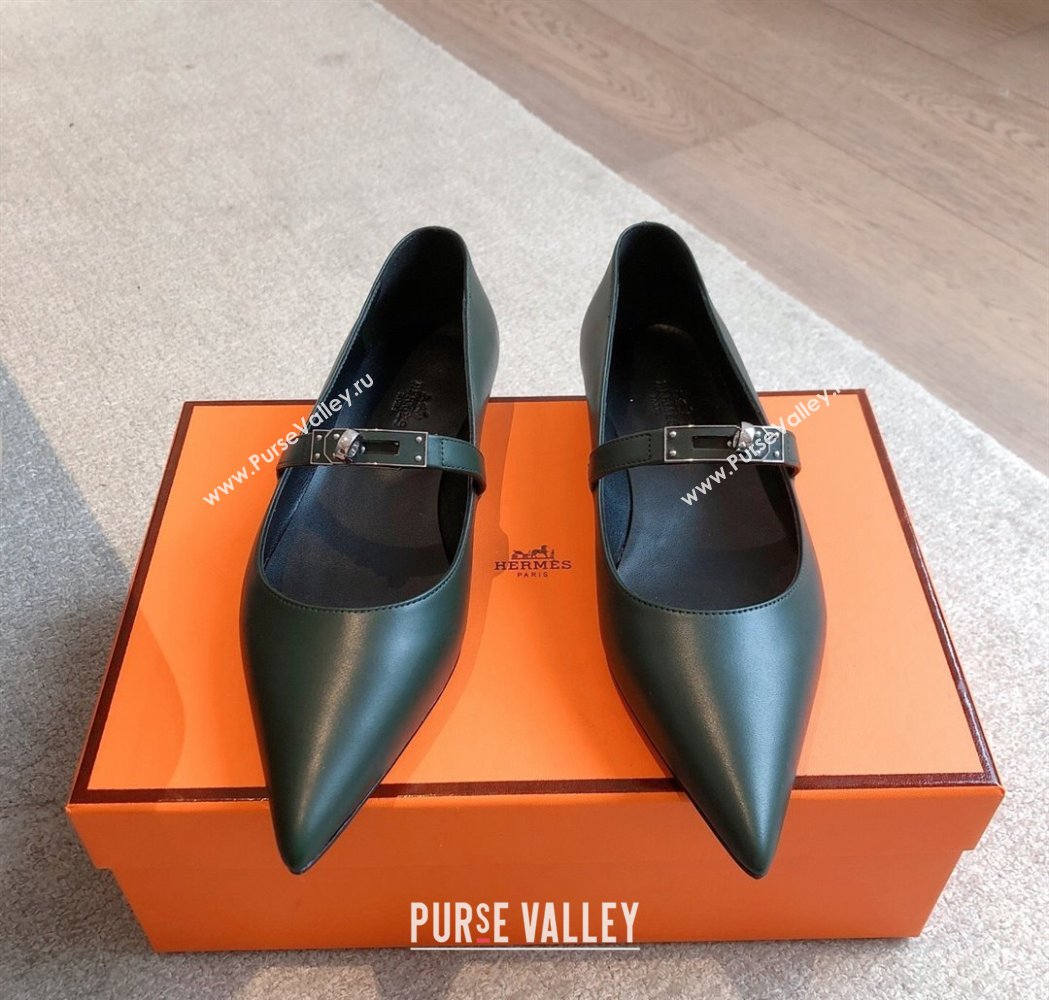 Hermes Kelly Mary Janes Ballet Flats in Calfskin with Kelly buckle Dark Green 2025 (XC-250226065)