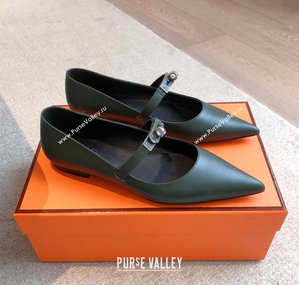 Hermes Kelly Mary Janes Ballet Flats in Calfskin with Kelly buckle Dark Green 2025 (XC-250226065)