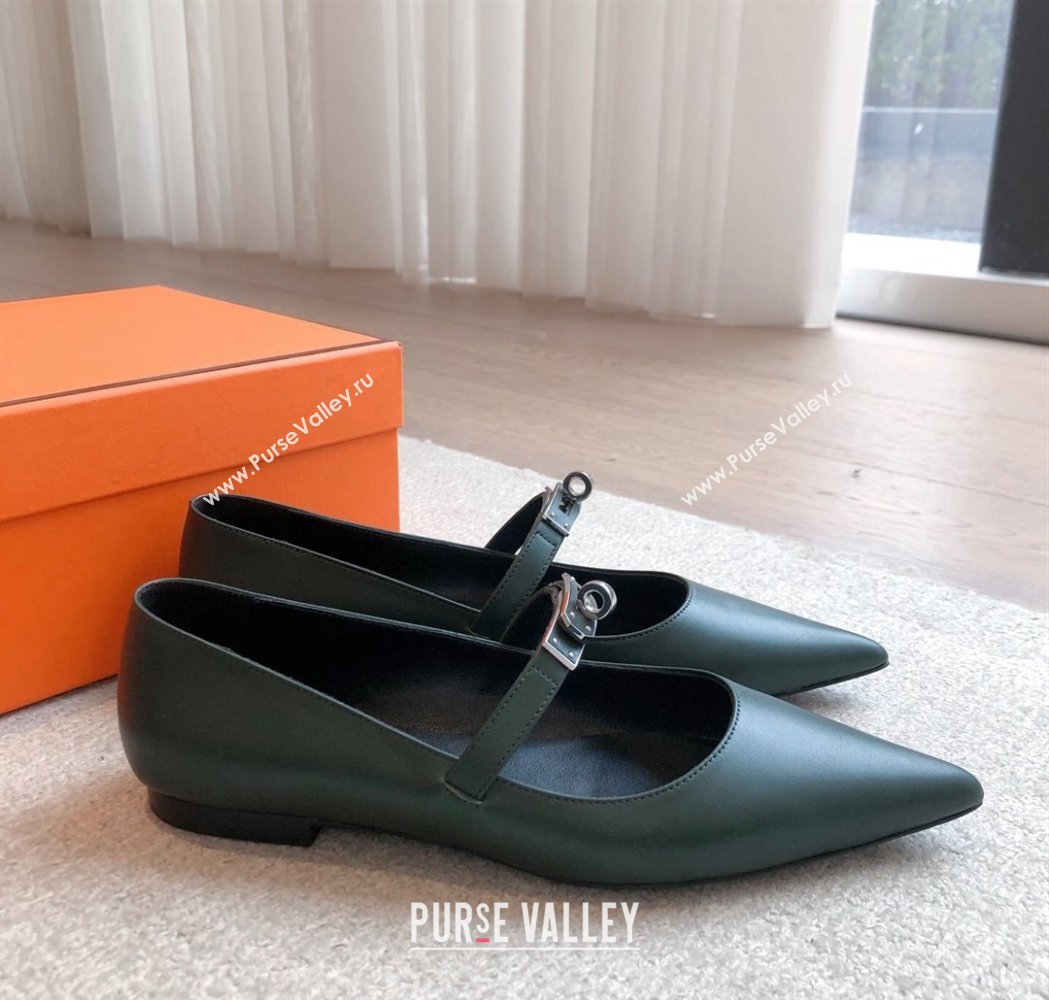 Hermes Kelly Mary Janes Ballet Flats in Calfskin with Kelly buckle Dark Green 2025 (XC-250226065)
