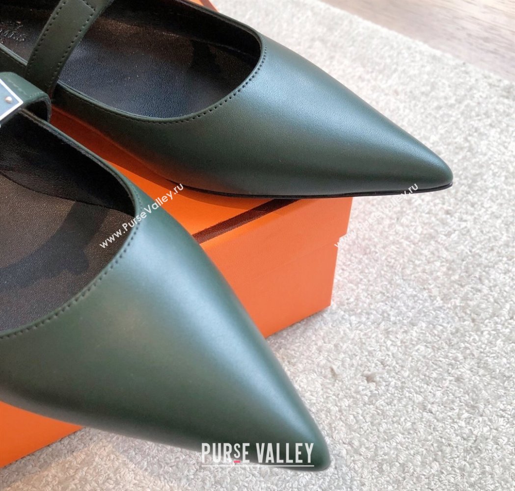 Hermes Kelly Mary Janes Ballet Flats in Calfskin with Kelly buckle Dark Green 2025 (XC-250226065)
