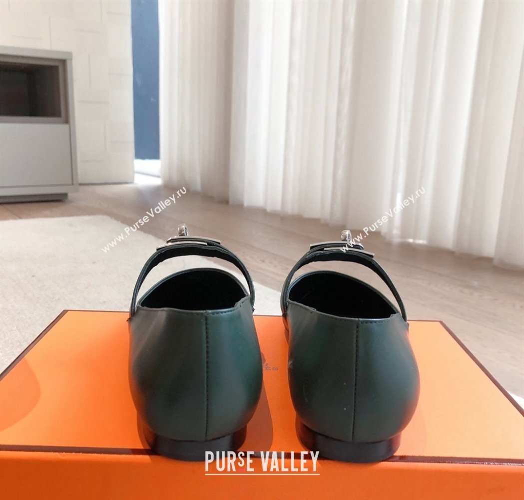 Hermes Kelly Mary Janes Ballet Flats in Calfskin with Kelly buckle Dark Green 2025 (XC-250226065)