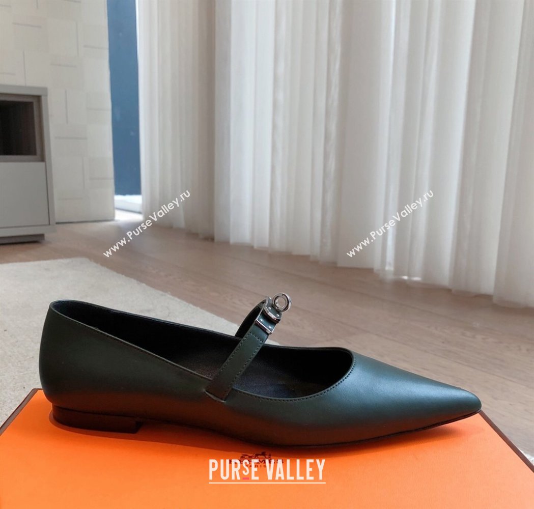 Hermes Kelly Mary Janes Ballet Flats in Calfskin with Kelly buckle Dark Green 2025 (XC-250226065)