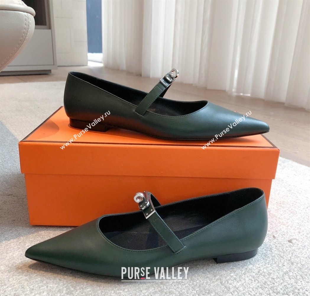 Hermes Kelly Mary Janes Ballet Flats in Calfskin with Kelly buckle Dark Green 2025 (XC-250226065)