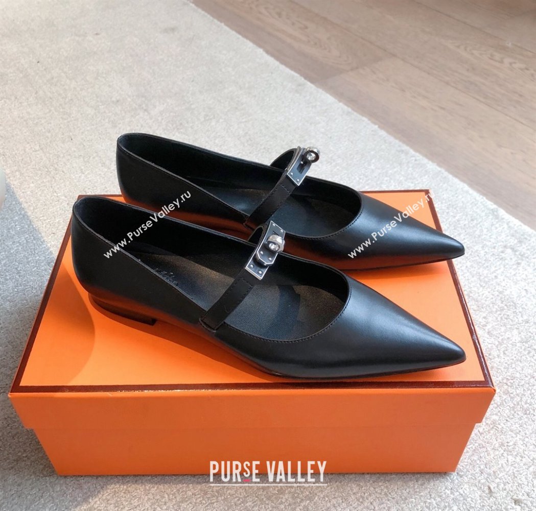 Hermes Kelly Mary Janes Ballet Flats in Calfskin with Kelly buckle Black/Gunmetal 2025 (XC-250226066)