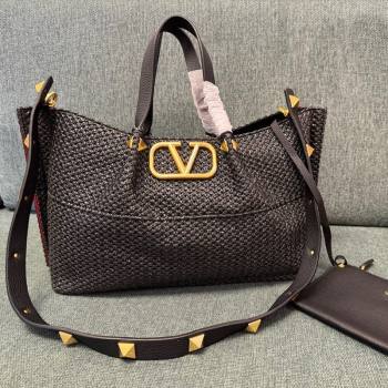 Valentino Medium VLogo Raffia Straw Summer Tote bag Black 2023 22003L (JD-2405241144)