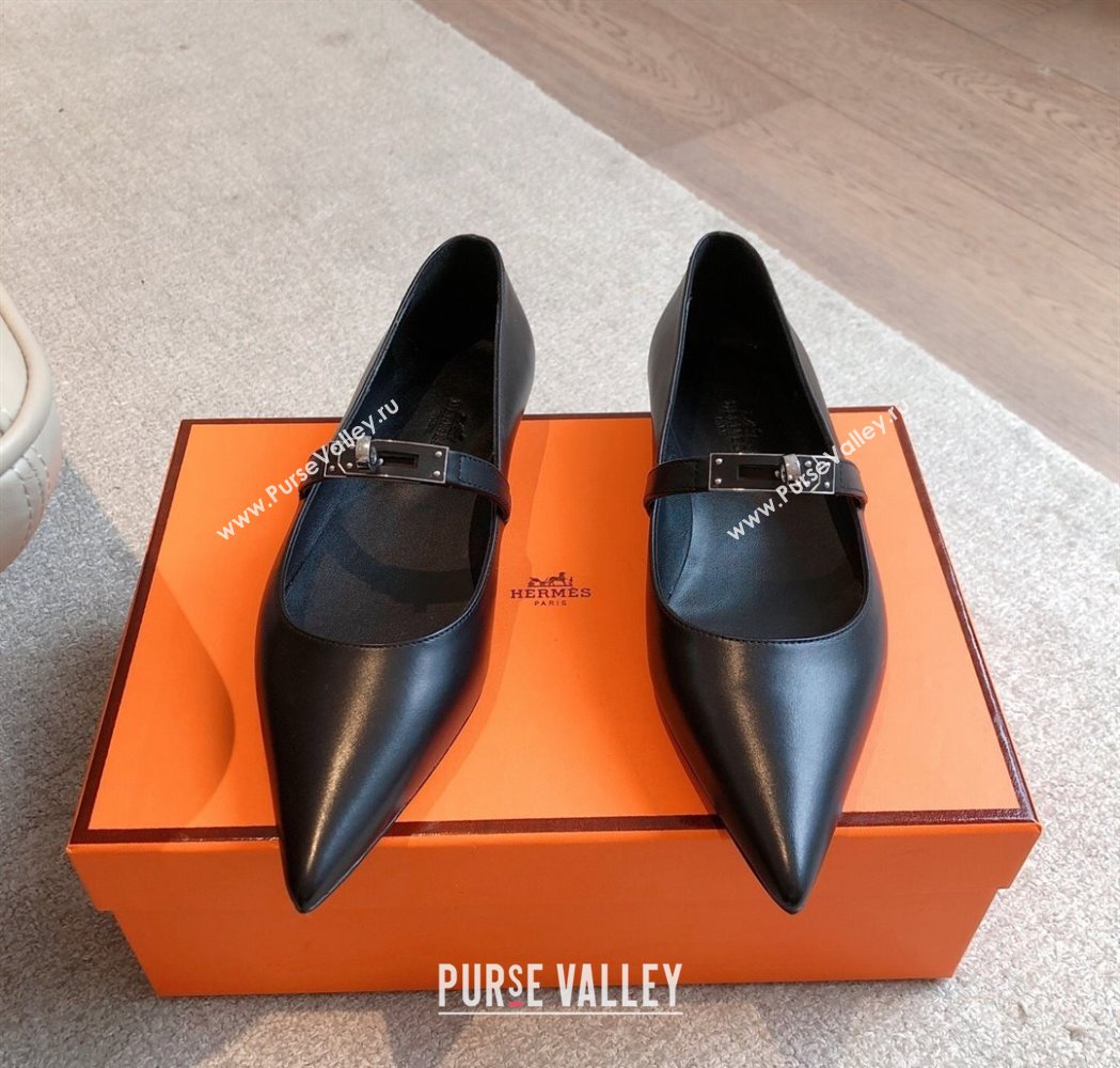 Hermes Kelly Mary Janes Ballet Flats in Calfskin with Kelly buckle Black/Gunmetal 2025 (XC-250226066)