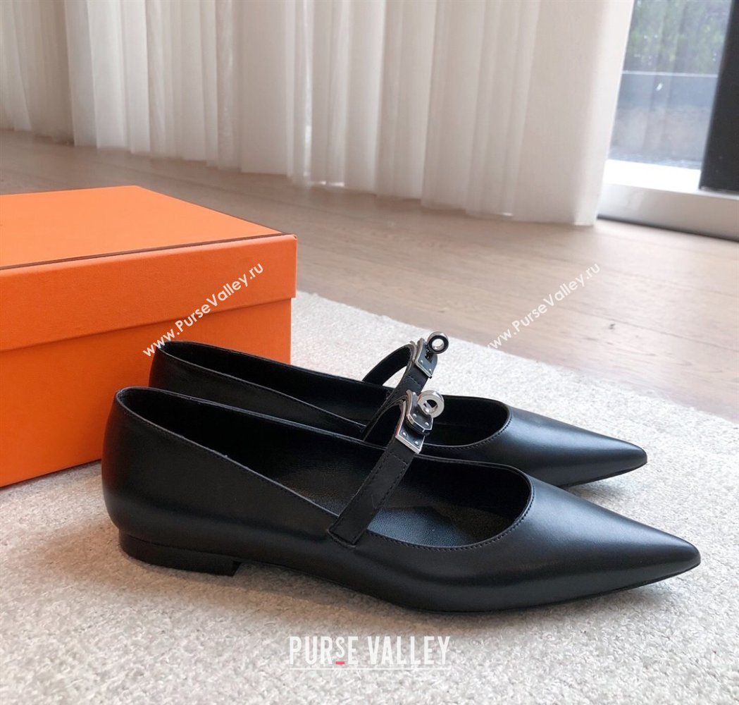 Hermes Kelly Mary Janes Ballet Flats in Calfskin with Kelly buckle Black/Gunmetal 2025 (XC-250226066)