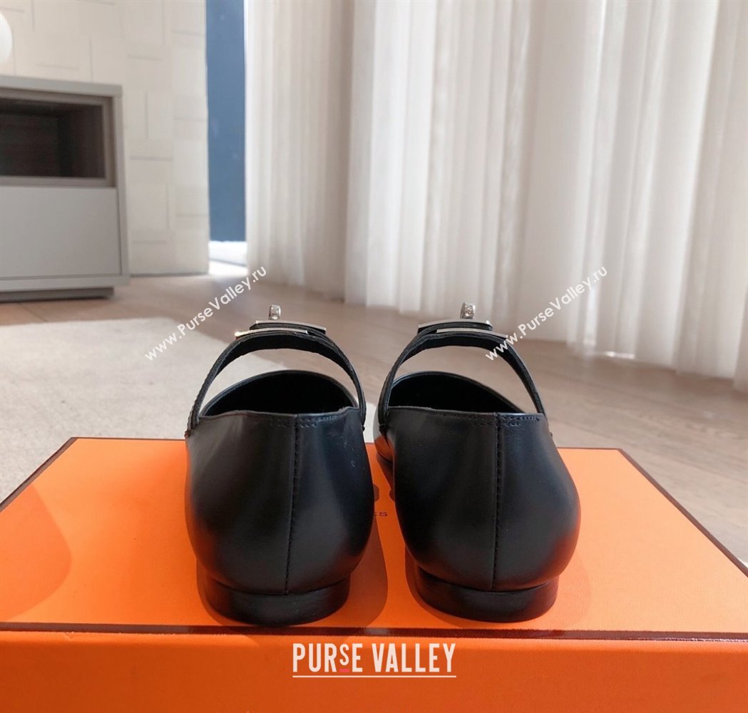 Hermes Kelly Mary Janes Ballet Flats in Calfskin with Kelly buckle Black/Gunmetal 2025 (XC-250226066)
