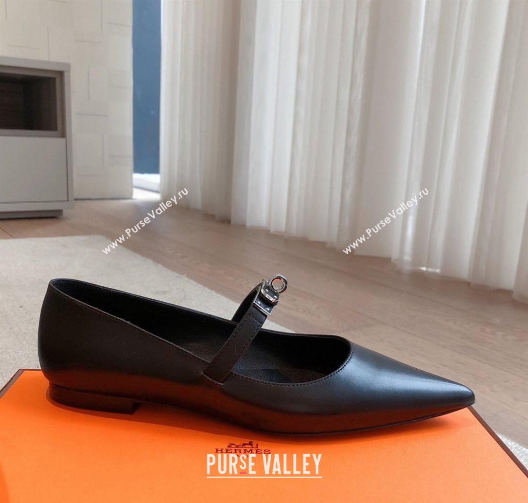 Hermes Kelly Mary Janes Ballet Flats in Calfskin with Kelly buckle Black/Gunmetal 2025 (XC-250226066)