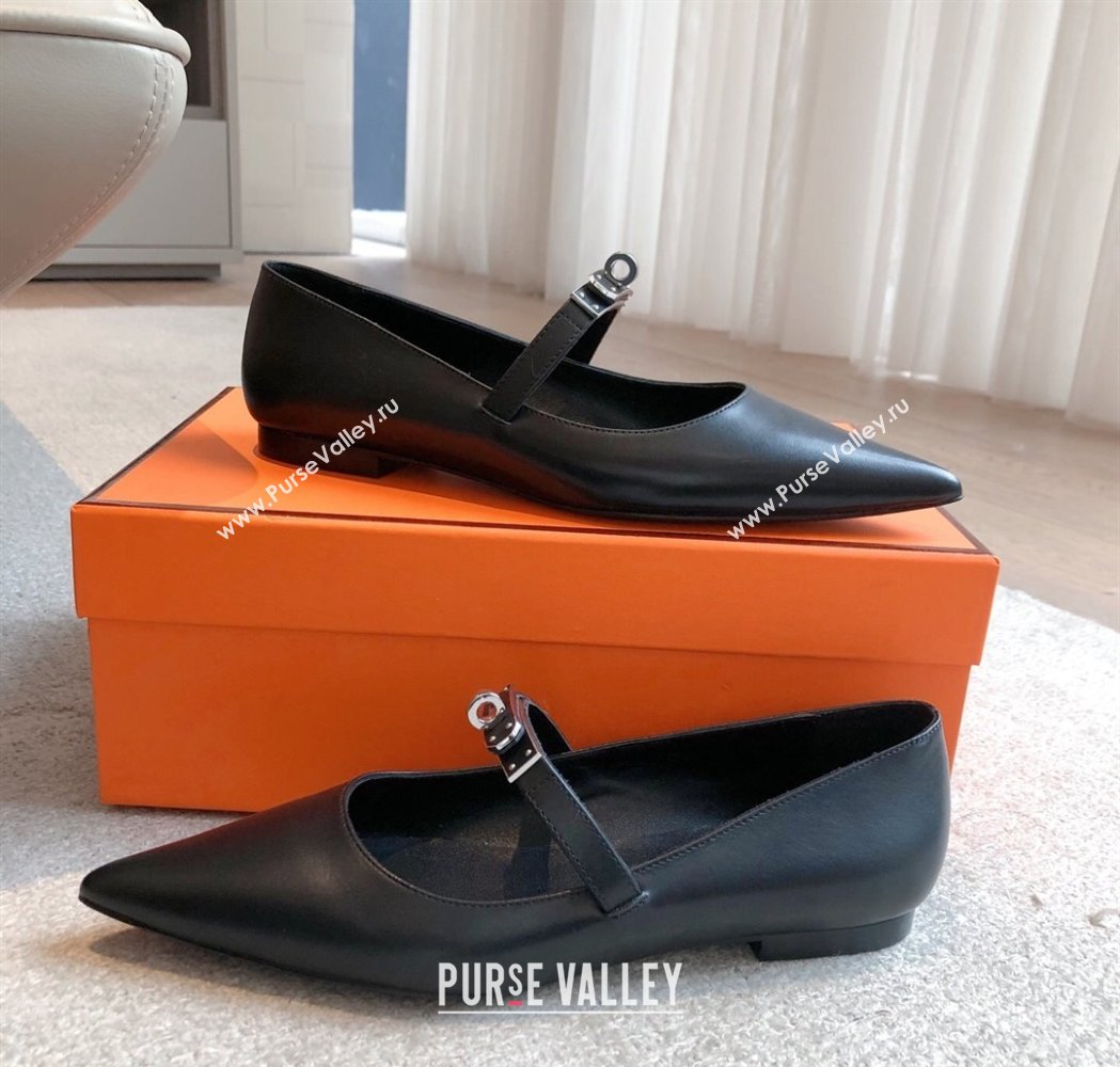 Hermes Kelly Mary Janes Ballet Flats in Calfskin with Kelly buckle Black/Gunmetal 2025 (XC-250226066)