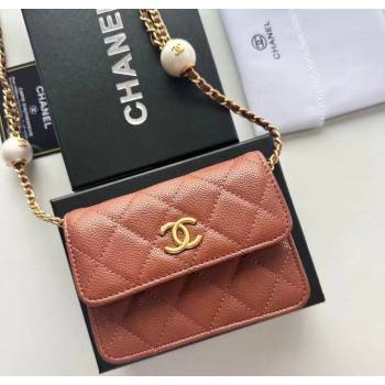 Chanel Grained Calfskin Clutch with Chain and Pearls Brown 2025 0618 (99-250618002)