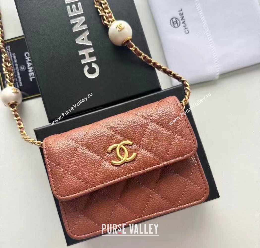 Chanel Grained Calfskin Clutch with Chain and Pearls Brown 2025 0618 (99-250618002)