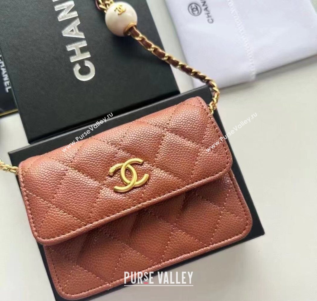 Chanel Grained Calfskin Clutch with Chain and Pearls Brown 2025 0618 (99-250618002)