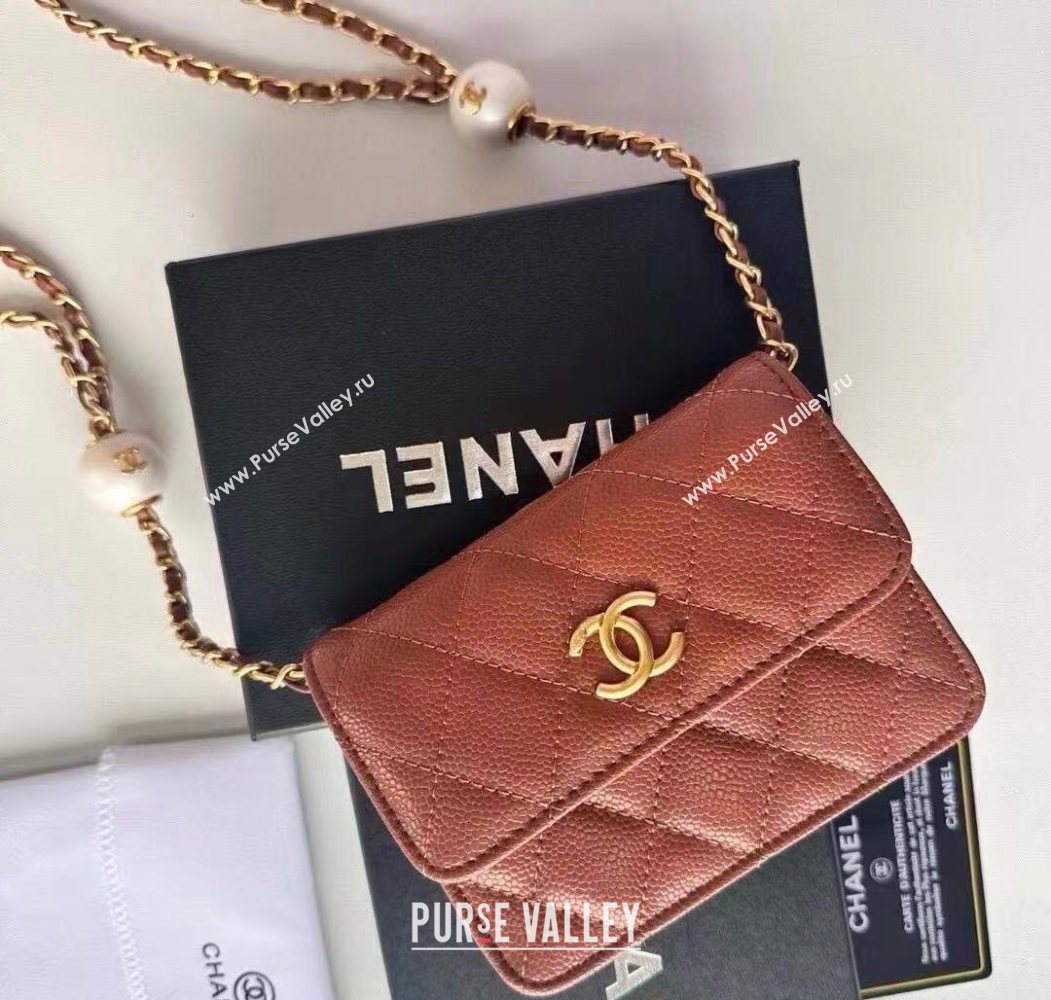 Chanel Grained Calfskin Clutch with Chain and Pearls Brown 2025 0618 (99-250618002)