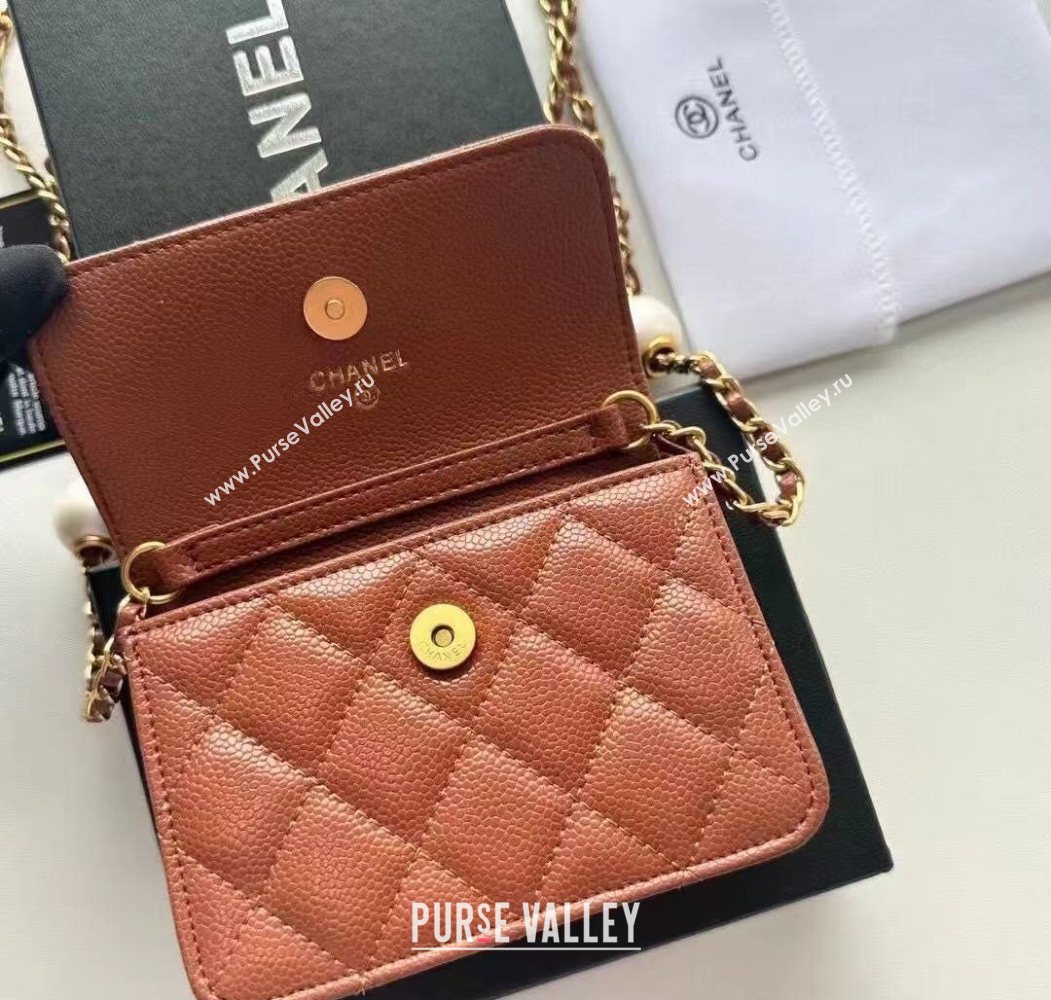 Chanel Grained Calfskin Clutch with Chain and Pearls Brown 2025 0618 (99-250618002)