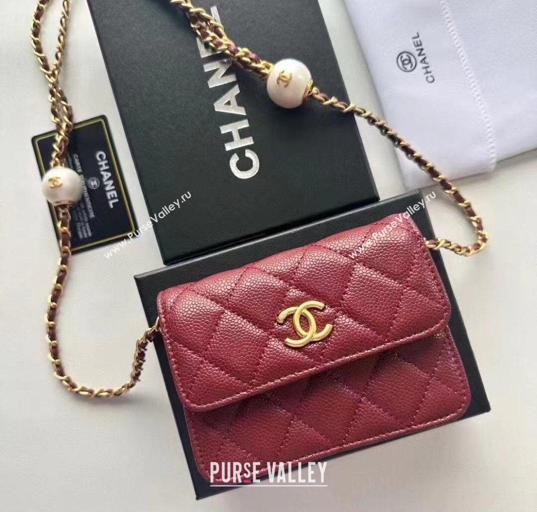 Chanel Grained Calfskin Clutch with Chain and Pearls Dark Burgundy 2025 0618 (99-250618003)