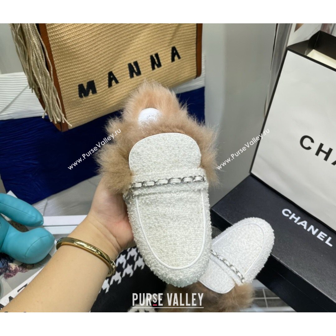 Chanel Tweed Wool Flat Mules White/Silver 2021 (MD-21080911)