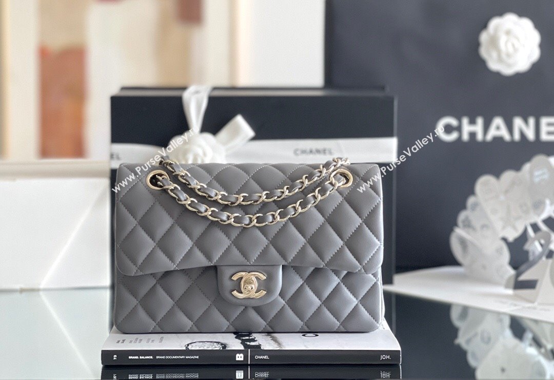 Chanel Quilted Lambskin Small Classic Flap Bag A01116 Grey/Light Gold 2024 Original Quality (MHE-24090401)