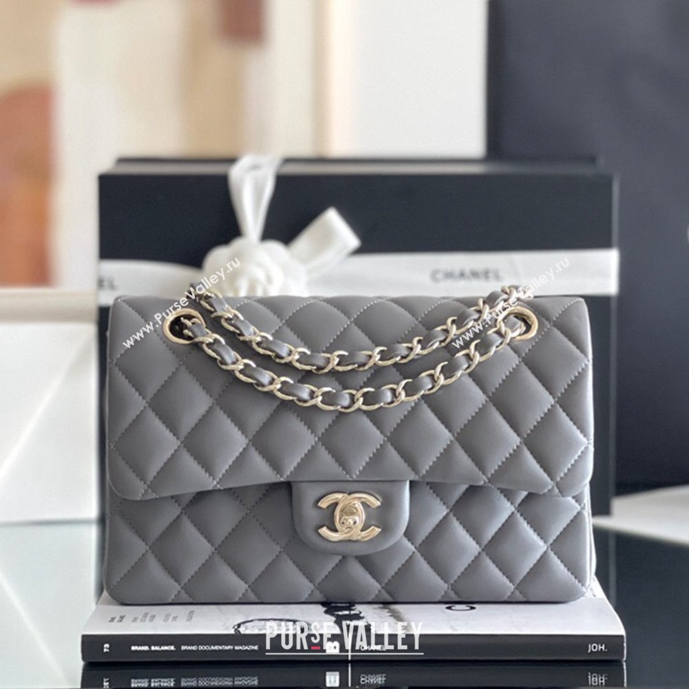 Chanel Quilted Lambskin Small Classic Flap Bag A01116 Grey/Light Gold 2024 Original Quality (MHE-24090401)