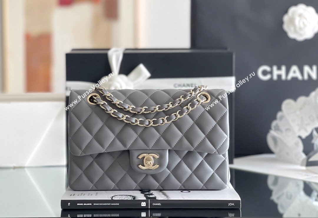 Chanel Quilted Lambskin Small Classic Flap Bag A01116 Grey/Light Gold 2024 Original Quality (MHE-24090401)