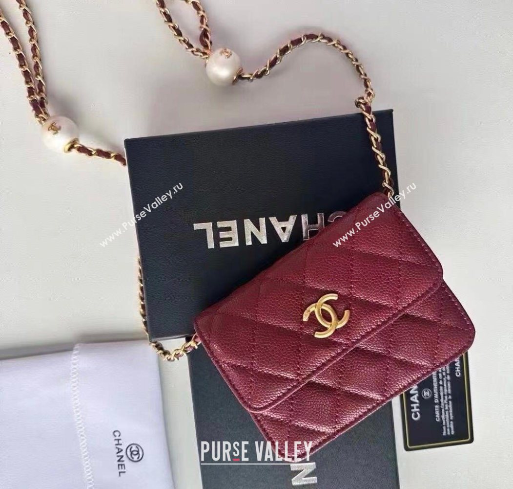 Chanel Grained Calfskin Clutch with Chain and Pearls Dark Burgundy 2025 0618 (99-250618003)