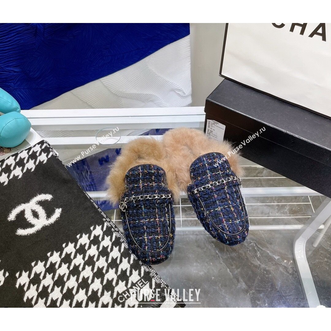 Chanel Tweed Wool Flat Mules Navy Blue 2021 (MD-21080912)