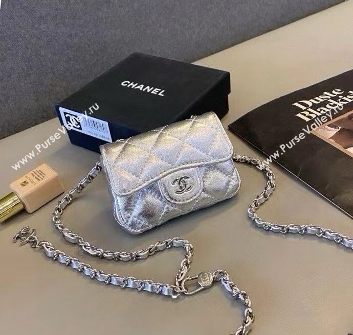 Chanel Metallic Calfskin Chain Mini Waist Bag Silver 2025 0618 (99-250618008)
