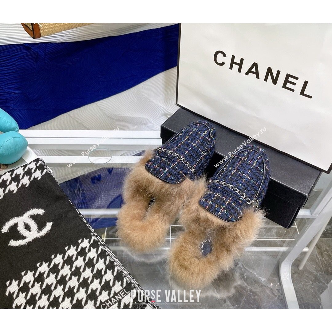 Chanel Tweed Wool Flat Mules Navy Blue 2021 (MD-21080912)