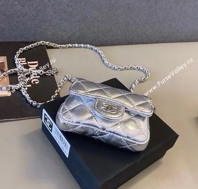 Chanel Metallic Calfskin Chain Mini Waist Bag Silver 2025 0618 (99-250618008)