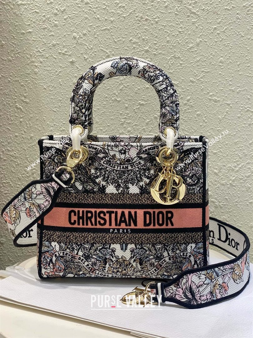 Dior Medium Lady D-Lite Bag in White and Pastel Pink Butterfly Around The World Embroidery 2023 (XXG-231211009)