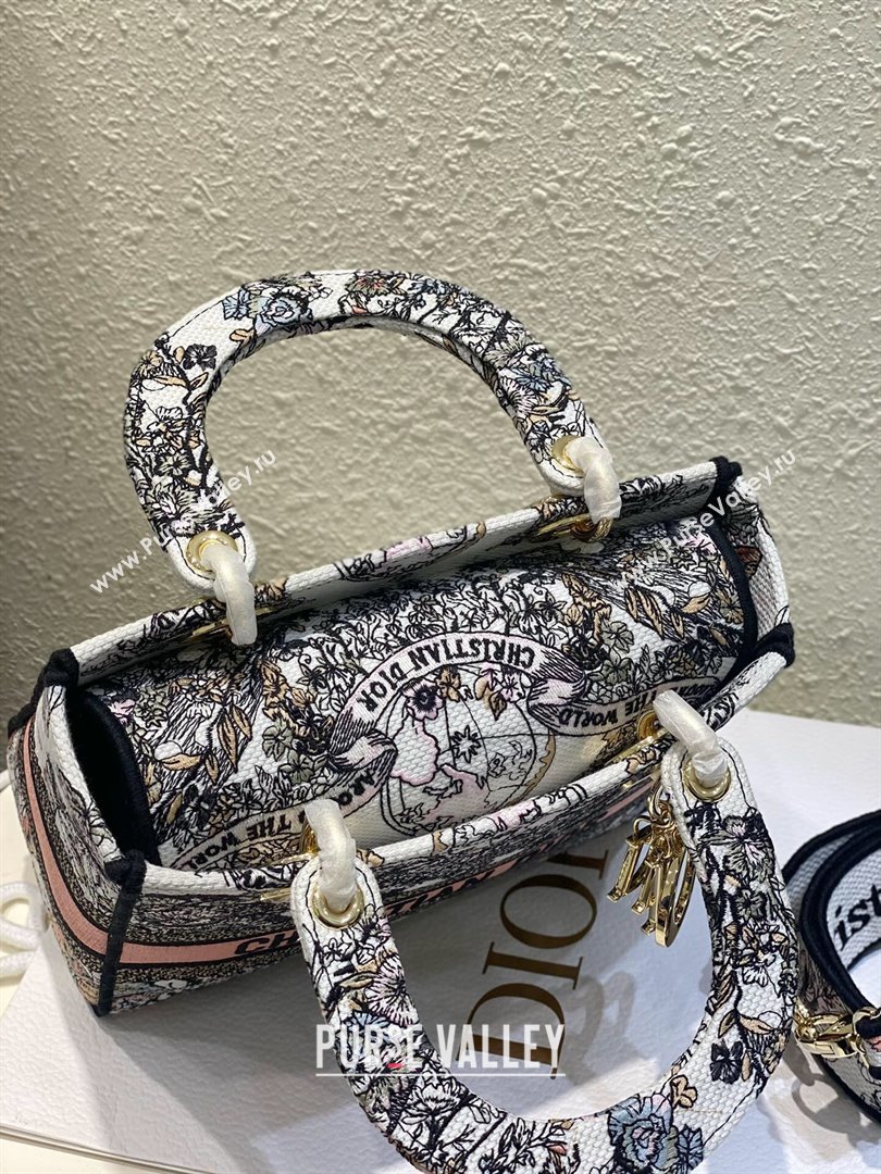 Dior Medium Lady D-Lite Bag in White and Pastel Pink Butterfly Around The World Embroidery 2023 (XXG-231211009)