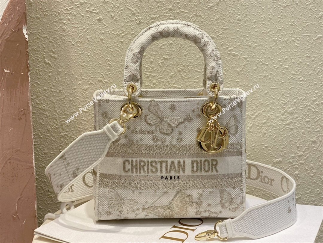 Dior Medium Lady D-Lite Bag in Gold-Tone and White Butterfly Zodiac Embroidery 2023 (XXG-231211010)