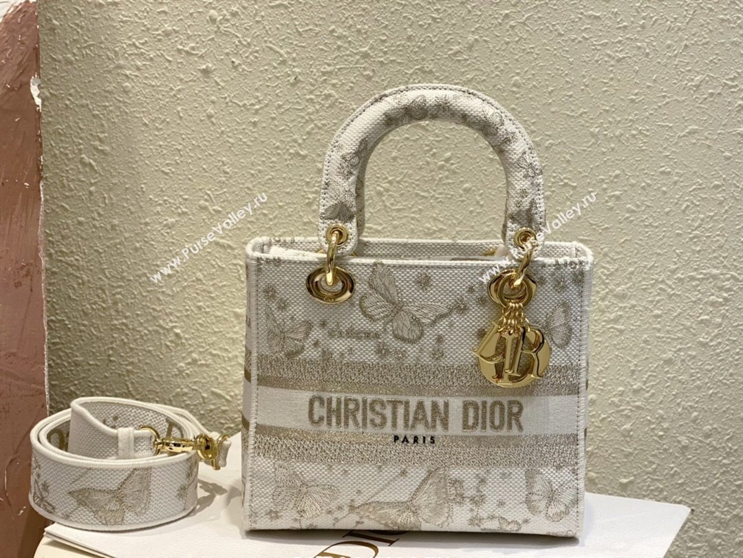 Dior Medium Lady D-Lite Bag in Gold-Tone and White Butterfly Zodiac Embroidery 2023 (XXG-231211010)