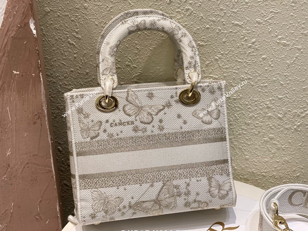 Dior Medium Lady D-Lite Bag in Gold-Tone and White Butterfly Zodiac Embroidery 2023 (XXG-231211010)