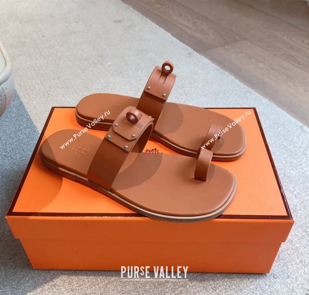 Hermes July Thong Slide Sandals in Calfskin with Oversized Kelly Buckle Brown 2025 (XC-250226073)