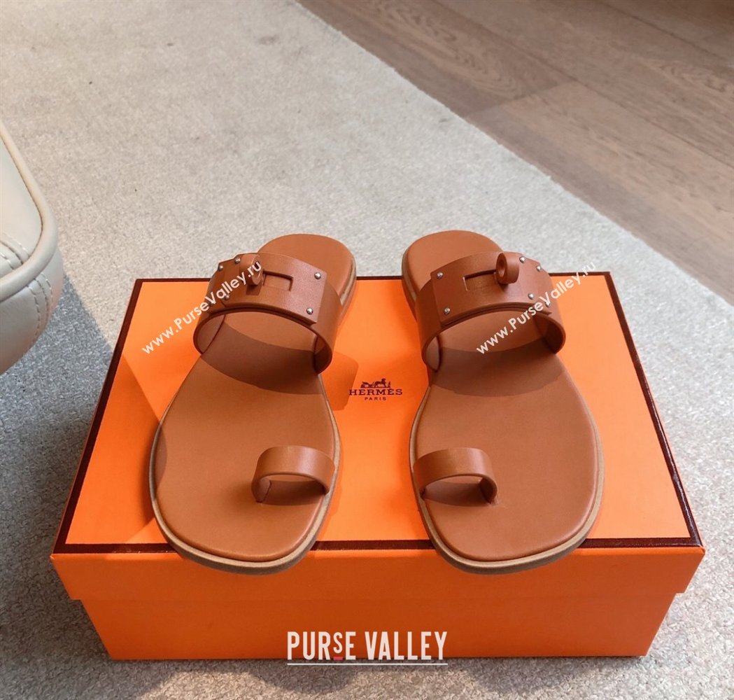 Hermes July Thong Slide Sandals in Calfskin with Oversized Kelly Buckle Brown 2025 (XC-250226073)