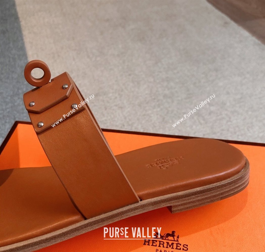 Hermes July Thong Slide Sandals in Calfskin with Oversized Kelly Buckle Brown 2025 (XC-250226073)