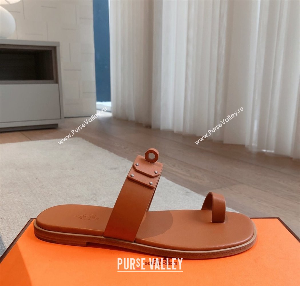 Hermes July Thong Slide Sandals in Calfskin with Oversized Kelly Buckle Brown 2025 (XC-250226073)