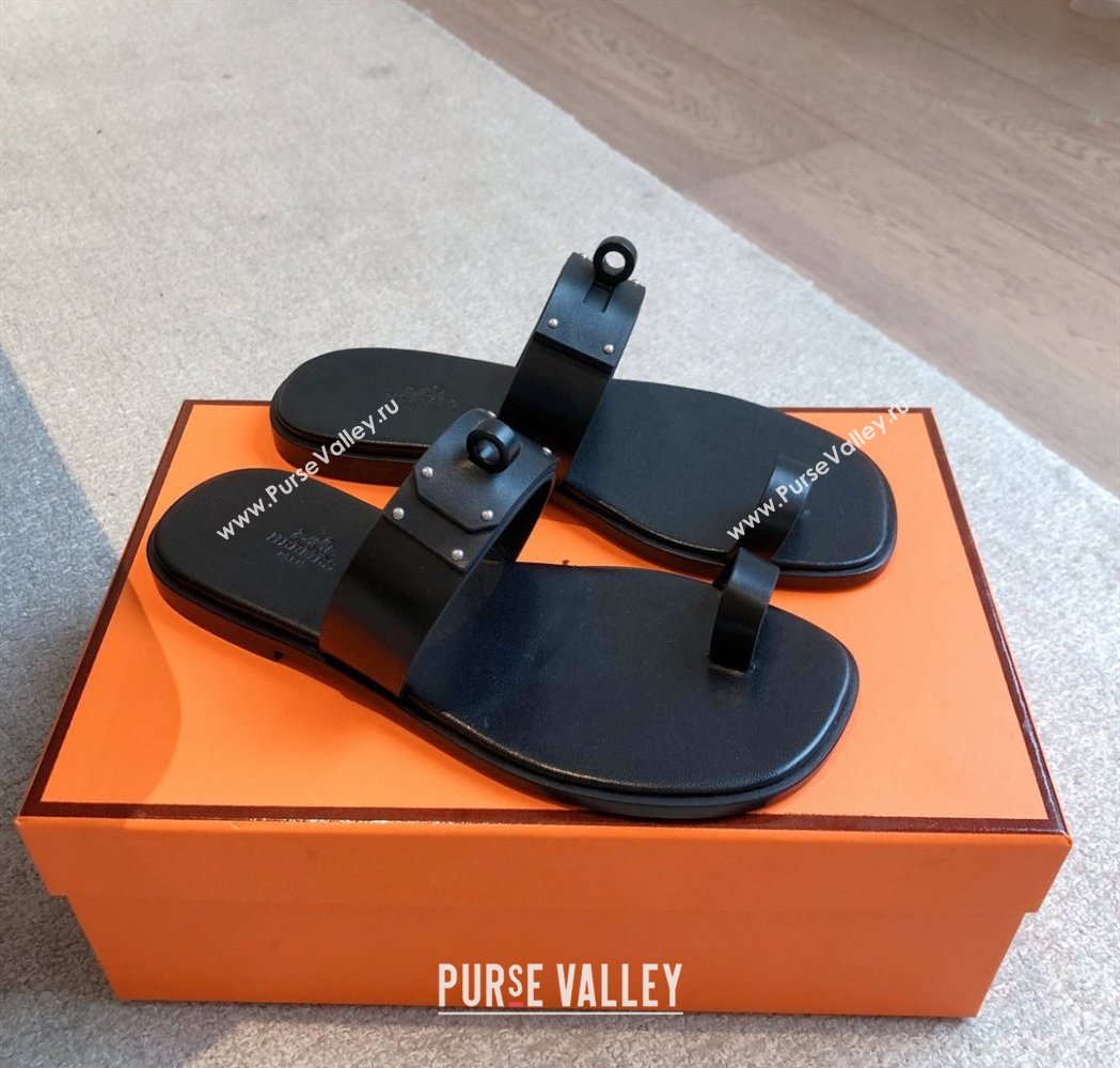 Hermes July Thong Slide Sandals in Calfskin with Oversized Kelly Buckle Black 2025 (XC-250226074)