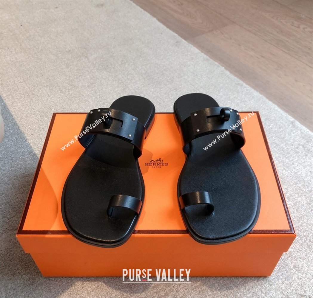 Hermes July Thong Slide Sandals in Calfskin with Oversized Kelly Buckle Black 2025 (XC-250226074)