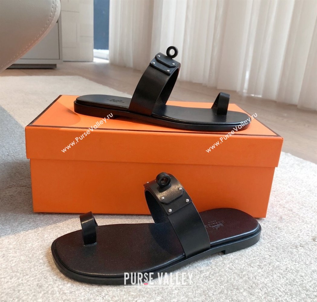 Hermes July Thong Slide Sandals in Calfskin with Oversized Kelly Buckle Black 2025 (XC-250226074)