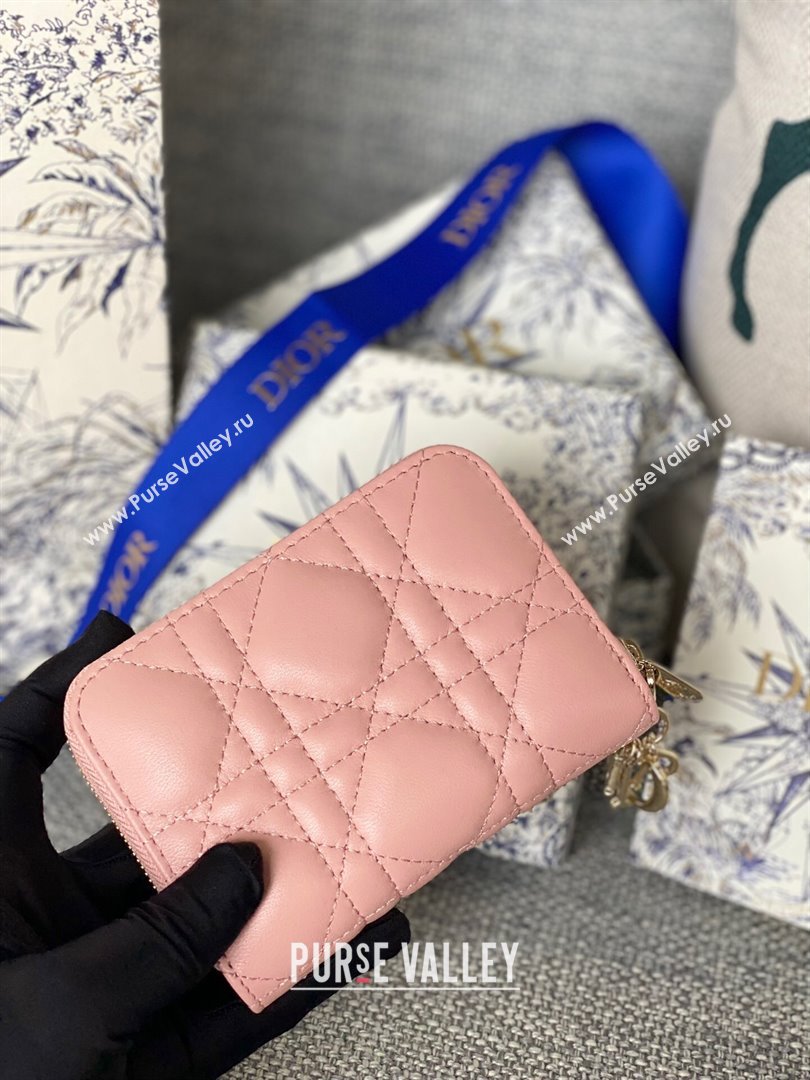 Dior Small Lady Dior Voyageur Coin Purse in Cannage Lambskin Pink 2024 (DMZ-24020226)